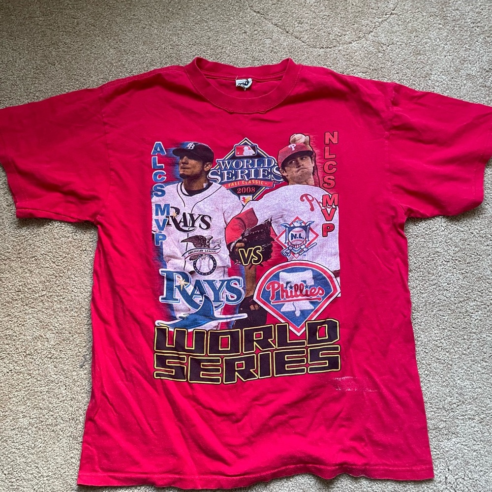 Rays vs Phillies World Series 2008 Red Short Sleeve Crewneck T-Shirt Size L